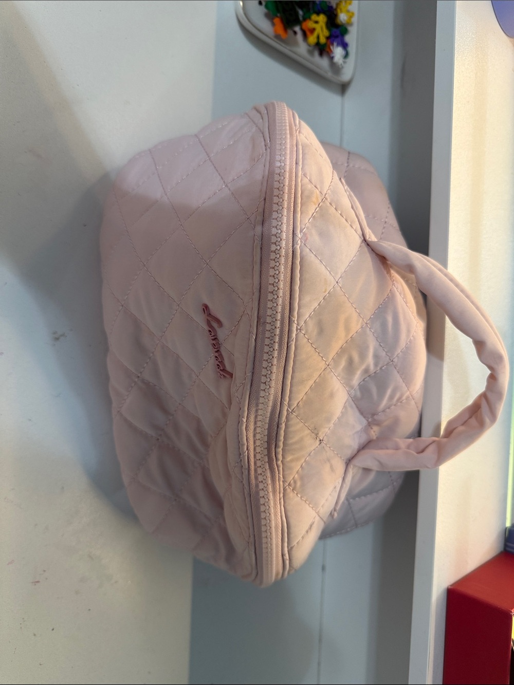 Light Pink Quilted Cosmetic Travel Case with Top Handle
